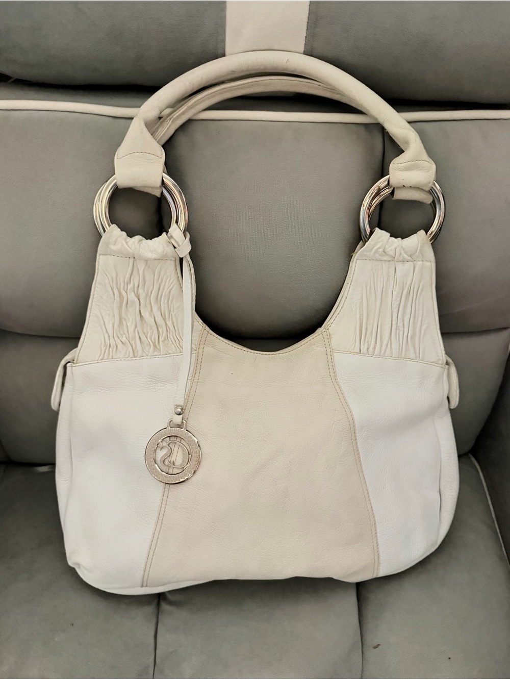 Cream Leather Shoulder Bag with Silver Ring Details